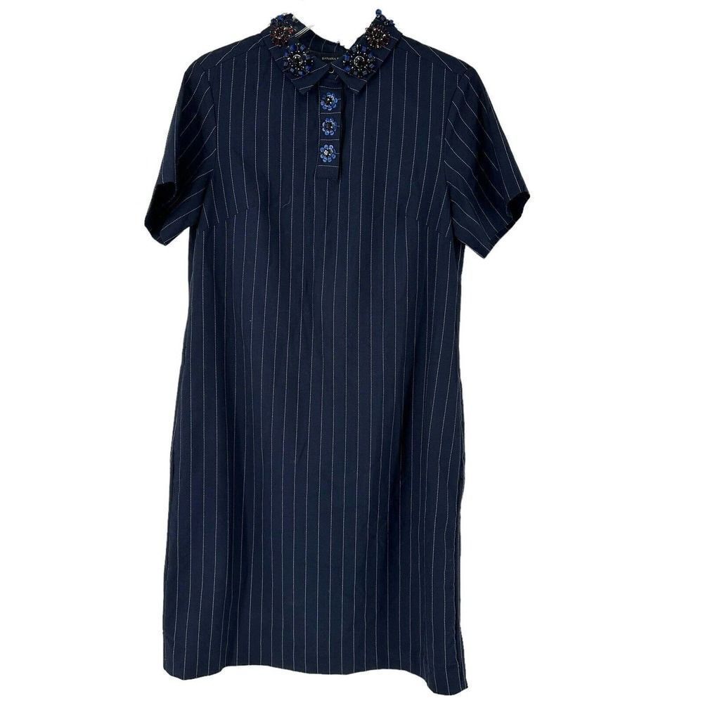 Banana Republic Shift Dress Sequin Collar Navy Blue Pinstripe Size Petite Small
